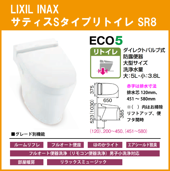 LIXIL INAX サティスSタイプリトイレ ECO5 SR8グレード(ブースター付) …...:jyu-setsu:10000447