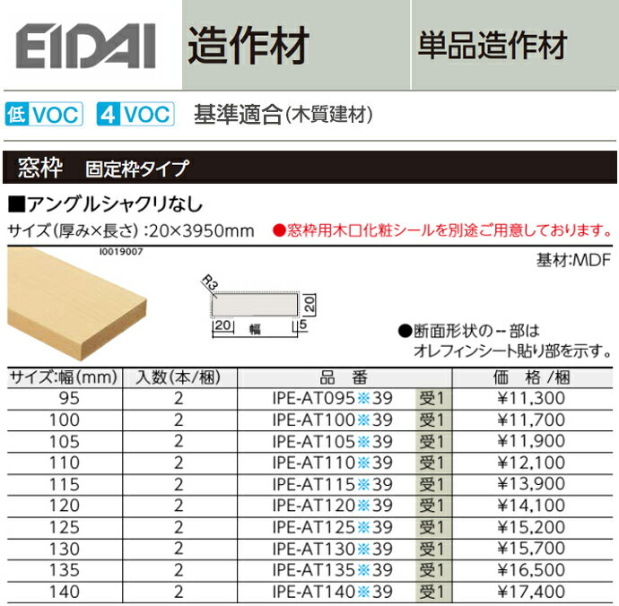 EIDAI　永大産業　造作材　単品造作材窓枠　アングルシャクリなし　2本入り厚み20mm …...:jyusetsu-hills:10003294