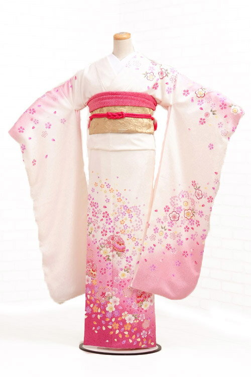 〔貸衣装〕振袖レンタル320白×うすピンク桜にまり〔結婚式〕〔卒業式〕〔フルセット〕〔振り袖〕【往復送料無料】【女性和服】【振り袖】