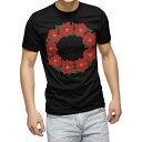 tシャツ メンズ 半袖 ブラック デザイン XS S M L XL 2XL Tシャツ ティーシャツ T shirt 黒 015604 クリスマス リース ポインセチア