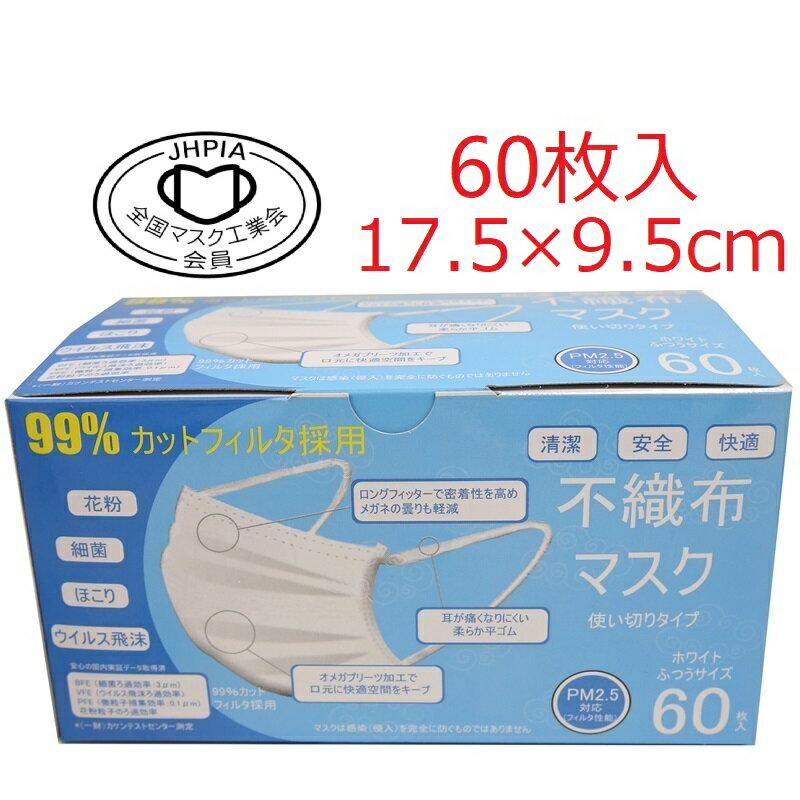 KAEI3層オメガプリーツマスク普通サイズ（約17.5×9.5cm）60枚入BFE/PFE/VFE99%高性能不織布採用・キャンセル変更不可・マスク工業会正会員