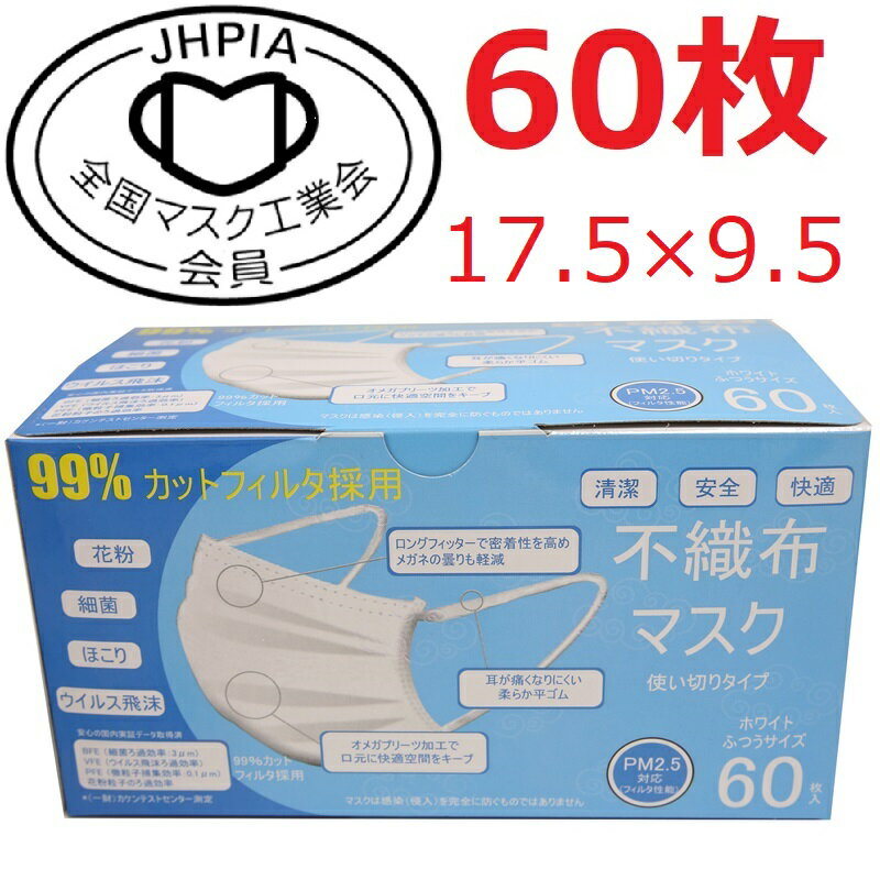 ［3月25、26日だけ　隣の50枚入をご購入下さい　4月10日発送（早くなるかも）］配送日指定不可・お一人様5箱まで・BFE/PFE/VFE99%高性能 不織布マスク　サイズ17.5×9.5cm　60枚入