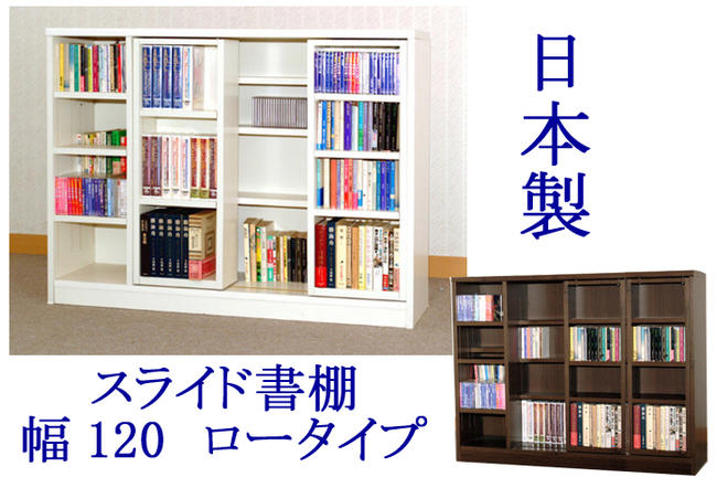 【送料無料】　国産・日本製 2色対応1cmピッチ　スライド書棚幅120　ロータイプ　ガイア書棚・CD・DVD・ビデオ収納に！関東地区は開梱設置組立サービス込み