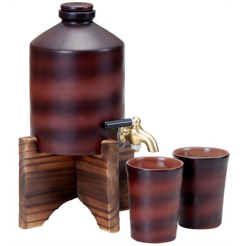 陶器製 焼酎サーバー 800mL ペアカップ付き 木製台付き...:kaidokinets:10000296