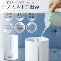 ＼在庫一掃60％OFF／ [PSE取得済] ナノミスト 加湿器 4L 大容量 20時間連続稼動 超静音 アロマ 静音 6-20畳適用 水補充しやすい 長時間稼動 LEDライト 空焚き防止 自動停止 乾燥 花粉症対策 空気清浄省エネ 部屋 学校 オフィス 家庭用 次亜塩素酸水対応 zs □