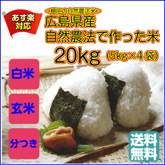 【ポイント10倍】【新米 29年】【送料無料】広島県産自然農法で作った米20kg（5kg×4青袋）自然農法米棚田米【29年産1等米】米 20kg 送料無料 お米 20kg 送料無料 米 お米 コメ