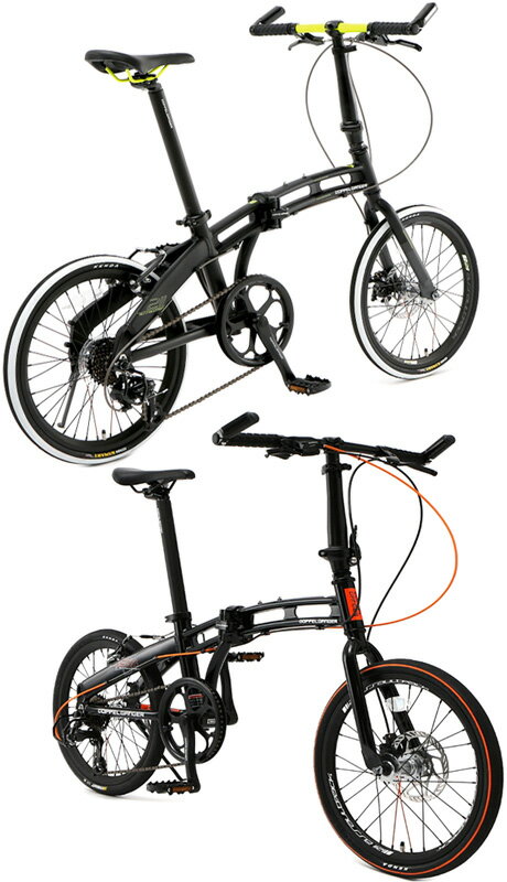 20インチ折り畳み自転車 スポーティーサイクルブラック×オレンジライン バーエンドグリップマットブラック×ホワイト×イエローシマノ製7段変速ギア＆KENDA製ロードタイヤ前輪ディスクプレーキ＆クイックリリース仕様軽量ツインチューブアルミフレームの画像