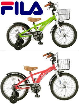 フィラ　キッズバイク補助輪付き子供用自転車　幼児車16インチ　18インチFILA KIDS16/18 (FL-16　FL-18)グリーン　ピンクホワイトフロントフォーク洗練されたシンプルデザインに映えるブランドロゴ、16/18インチの2サイズ展開　Kids Bike