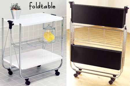 キャスター付き折りたたみキッチンワゴン使わない時は収納楽々ホワイト　ブラックKITCHEN FOLDING TROLLEYリビングやキッチンのちょっとした物置に狭い台所のお料理を一時避けお料理をテーブルまでの一気に運んでくれるキッチンカート 台車