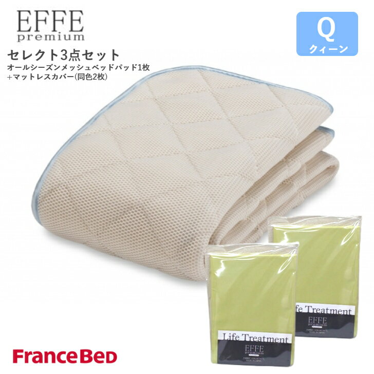 【12/31までポイント10倍】フランスベッド セレクト3点セット オールシーズンメッシュベッドパット1枚 マットレスカバー エッフェプレミアム2枚 Q クィーンサイズ France Bed