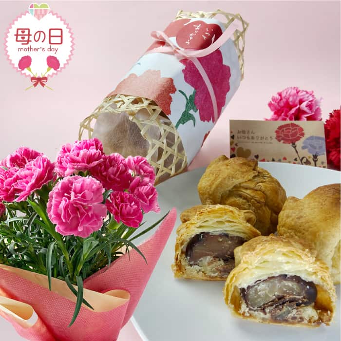 遅れてごめんね！ 母の日 スイーツとお花のセット カーネーション 丹波栗 プレゼント ギフト 栗パイ お菓子 生花 鉢植え