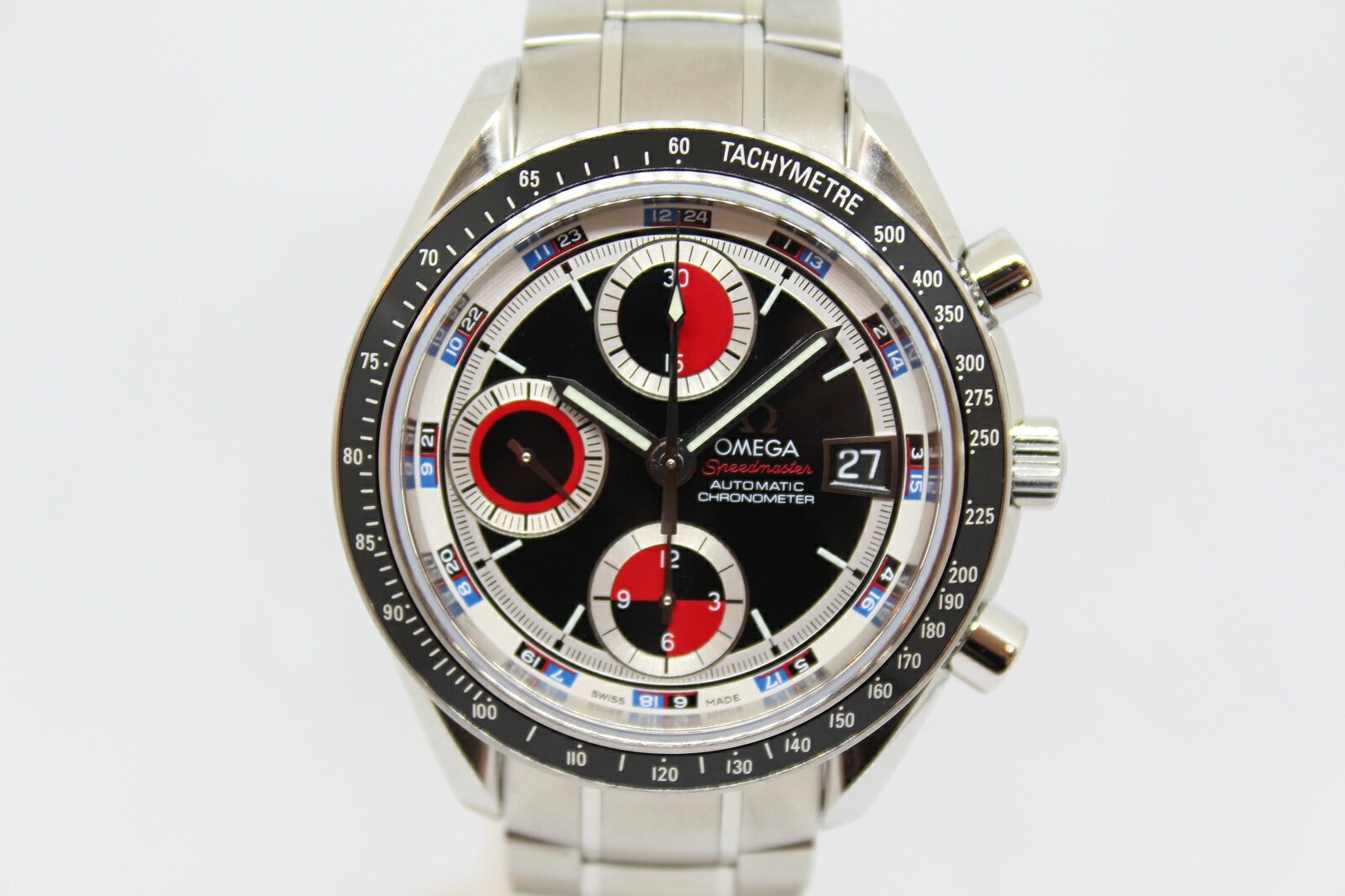 OMEGA　オメガ　スピードマスターデイト　3210.52　クロノグラフ　SS　ステンレススチール　ブラック　ホワイト　レッド　メンズ