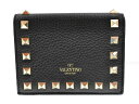 VALENTINOヴァレンチノカラヴァーニスタッズ 二つ折り財布 ブラック×ゴールドスタッズ レザー ミニ財布 コンパクト財布 シンプル おしゃれ ブランド 人気 レディース メンズ ユニセックス【中古】松山久万ノ台店