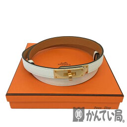 T【HERMES】<strong>ケリーベルト</strong>18　ホワイト　ブラウン　レザー　ゴールド金具　箱有　布袋有　レディースベルト　スライドウエスト　調節可能　サイズ約57～102cm対応　幅約18mm 送料込み　中古【 エルメス】【大特価価格】【かんてい局宇都宮戸祭店】31026919317-4th