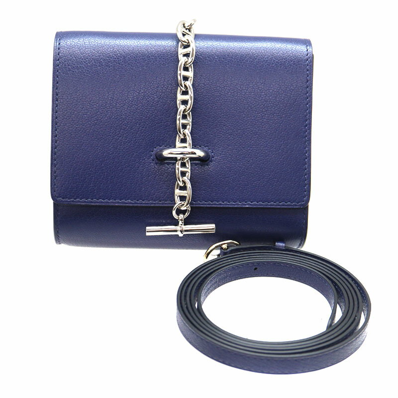 エルメス Hermes シェーヌダンクルコンパクト レザー ネイビー ショルダーバッグ B刻印【中古】