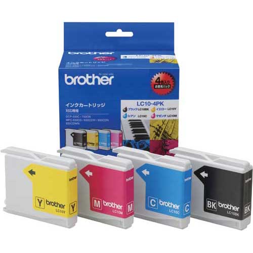 ブラザー 純正インク　LC10−4PK　4色パック関連ワード【BROTHER、いんく、ink、プリンタ、カートリッジ】