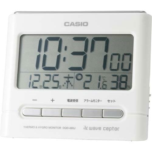 カシオ カシオ　温度／湿度計付電波卓上時計WH　幅95関連ワード【CASIO、温度計、電波時計、前ボタン】