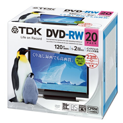 TDK 録画用DVD-RW デジタル放送録画対応(CPRM) 1-2倍速 インクジェットプリンタ対応(ホワイト・ワイド) 20枚パック 5mmスリムケース DRW120DPWA20U　1パック【取寄商品】関連ワード【ティーディーケー、ティーディーケイ、記録用メディア】