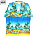 90s 半袖 レーヨン アロハシャツ★90年代 【USA買い付け】 【古着】 【中古】 【ユーズド】 Lサイズ 【ヴィンテージ】 【USA製】 【アメリカ製】ブルー ハワイアンシャツ
