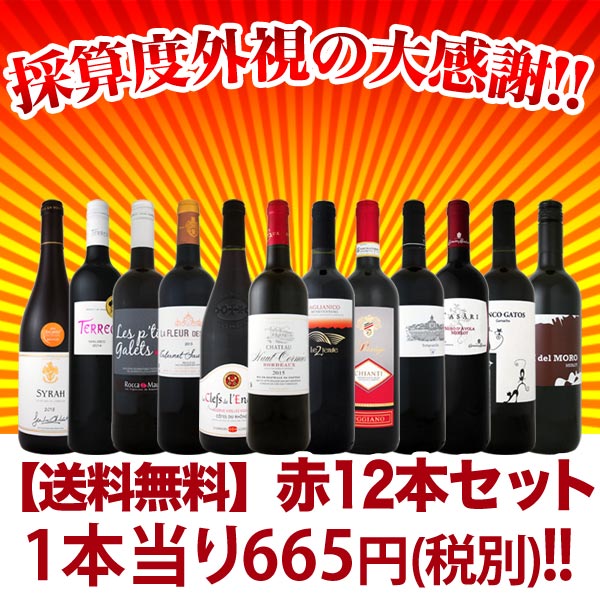 【送料無料】1本あたり665円(税別)！採算度外視の大感謝！厳選赤ワイン12本セット