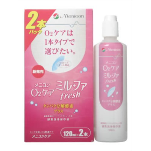 O2ﾚﾝｽﾞ&ﾊｰﾄﾞｺﾝﾀｸﾄﾚﾝｽﾞ用の洗浄保存液ﾒﾆｺﾝ ｵｰﾂｰｹｱ ﾐﾙﾌｧﾌﾚｯｼｭ 120ml*2本