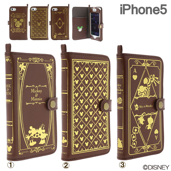 [予約][iPhone5専用]ディズニーキャラクター/Old Book Case for iPhone5（Apple/au/Softbank）[11月末から12月上旬入荷予定]ダイアリー風/ブック型 ミッキー＆ミニー、モノグラム、アリス・イン・ワンダーランドの3種類！カードフォルダー・ストラップホール付き