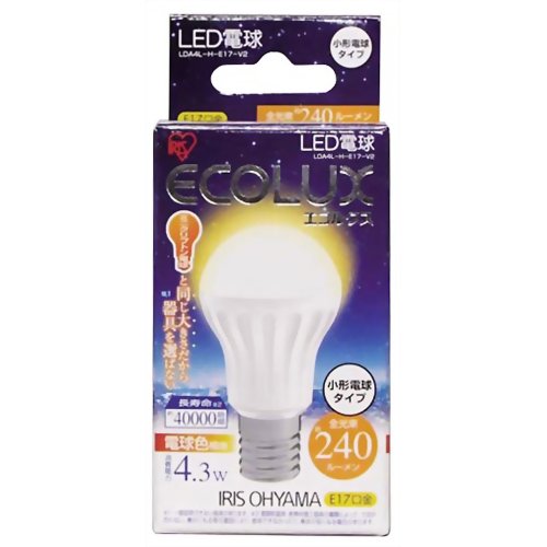 アイリスオーヤマ LED電球(小形電球形) エコルクス 電球色相当 E17口金 全光束240lm LDA4L-H-E17-V2[アイリスオーヤマ ECOLUX(エコルクス) LED電球(E17 口金) ケンコーコム]