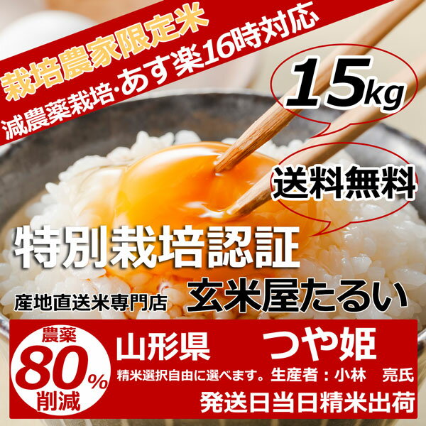 お米 15kg 送料無料 【農薬80％削減】28年産 山形県産つや姫 減農薬 玄米 15kg 送料無料【生産者：小林 亮氏】【あす楽_土曜営業】【あす楽_日曜営業】【精米方法選べます】