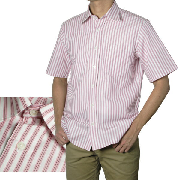 紳士 半袖レギュラー衿ストライプシャツ（ピンク）【日本製】
