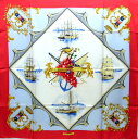 【★クリーニング済み★】《送料込》 HERMES エルメス 『カレ 90』 《BORDEAUX PORTE OCEANE (フランスのボルドー都市の入口) 》 レッド×ホワイト/船舶/葡萄/インコ/港/海/スカーフ/カレ/シルク100%/90×90 【★セレブ愛用★】 15656K0187 @【中古】
