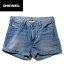 ★DIESEL ディーゼル レディース★麻混 ロールアップ ヒッコリー裏地 ユーズド加工 デニム ショートパンツ【DE-SHOZEE】【W23〜32】【ミディアムインディゴ】die-l-p-84-094 《メーカー希望小売価格19,224円》