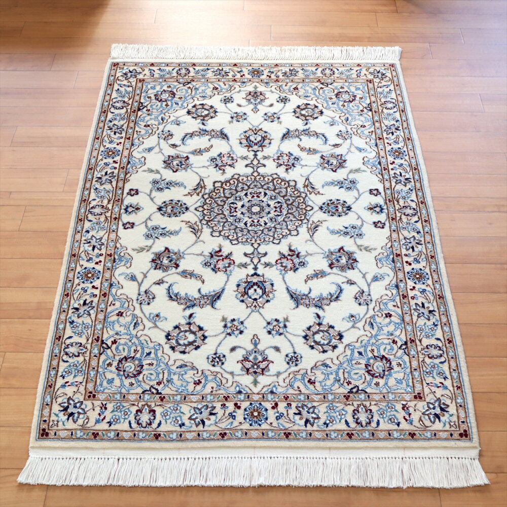 【15%OFFクーポン対象品】ペルシャ絨毯 ナイン産6L110×78cmホワイト / ベージュ　オーバルメダリオン