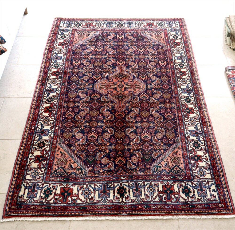 【15%OFFクーポン対象品】部族絨毯 トライバルラグ210×133cmハマダン　イラン西部　レッド/ネイビー/ホワイト