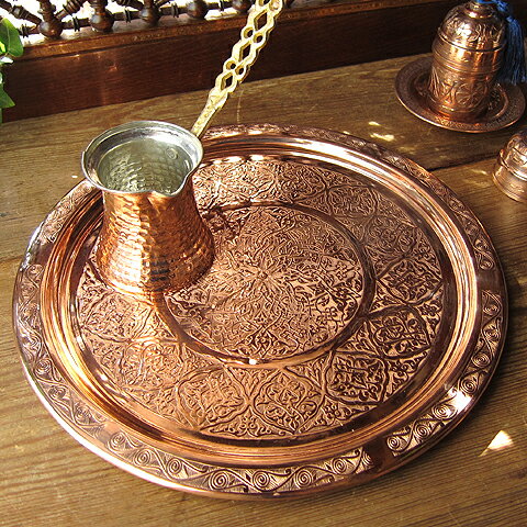銅製カフェトレー丸盆28cm・ブロンズエキゾチックなイスラミックデザイン