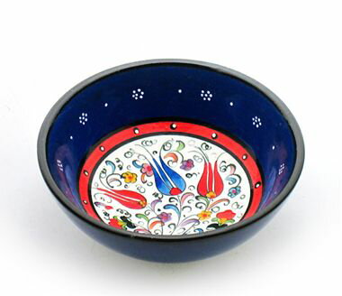 トルコ製ボウル(手書きキュタフヤ陶器)：ブルー12cm