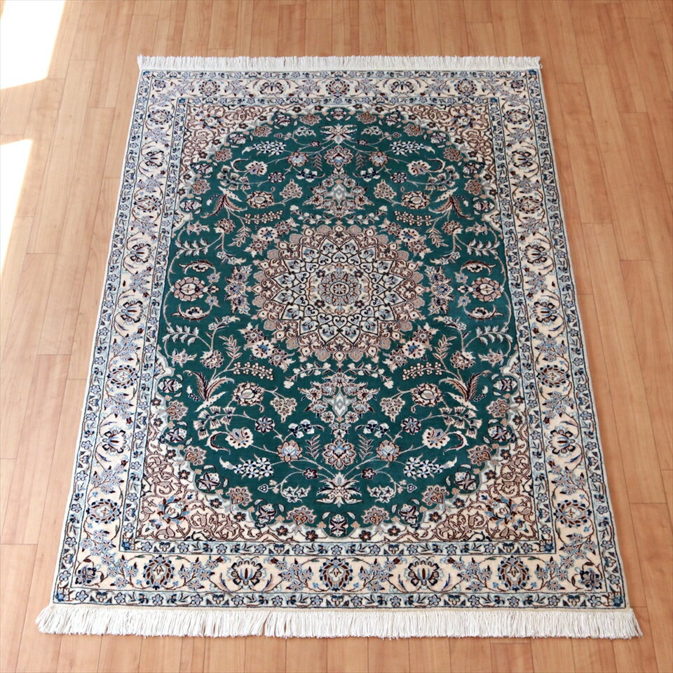【15%OFFクーポン対象品】ペルシャ絨毯 ナイン産 6La　 150×110cm グリーン/ベージュ　手織りウールラグ