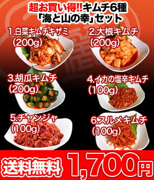 送料無料★お試しパック！キムチ6種類セット計900g（白菜キムチ200g ダイコンキムチ200g 胡瓜キムチ200g イカの塩辛キムチ100g チャンジャ100g スルメキムチ100g）韓国のお箸プレゼント付き7,000円以上お買い上げで送料無料☆