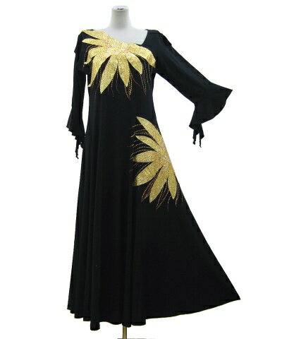 ダンスドレス黒地に大きい花柄ストレッチドレス黒地にゴールド...:kimono-murata:10001850
