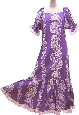 色々なサイズがございます。フラダンスドレス紫色地にハイビスカス柄
