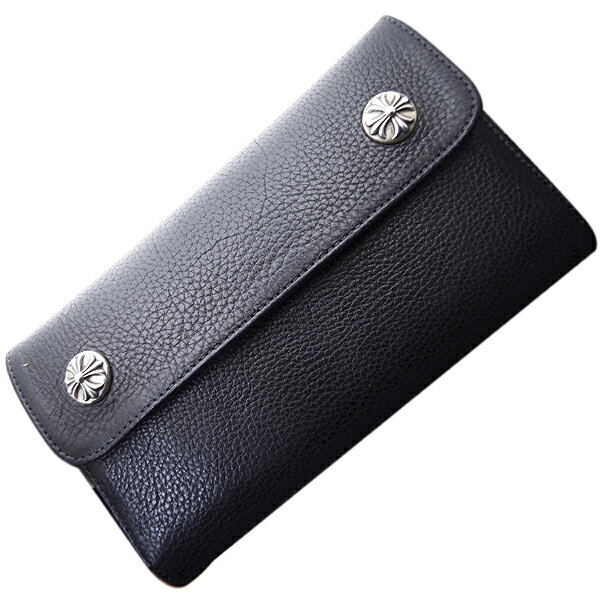 CHROME HEARTS(クロムハーツ)　ウェーブ・クロスボタン・ブラック・ヘビーレザー　Wave Wallet Black Heavy Leather w/Cross Buttons　今が買い時です！財布　人気ブランド　送料無料人気商品につき再入荷！