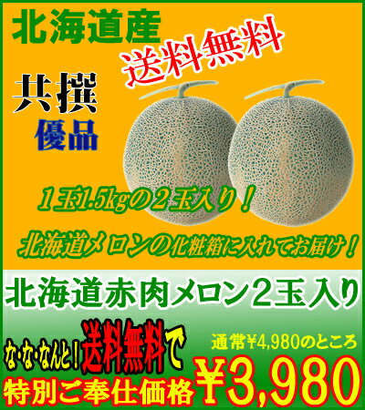 【北海道　メロン】【北海道 赤肉メロン】【送料無料】 優品！2玉入(1．5kg×2)　大特価！【\3980】化粧箱入り　北海道を代表するメロンをきたくらの北海道 メロン　大特価＆送料無料