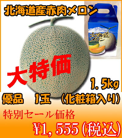 【北海道 メロン】 【北海道 赤肉メロン】 優品！1玉(1.5kg) 化粧箱入り　超特価　1555円のきたくら北海道メロンスペシャルプライス！【北海道 メロン】【北海道 赤肉メロン】1玉(化粧箱入)