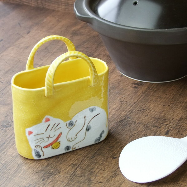 しゃもじ入 招福ネコ陶製キャリーバック 日本製(有田焼) 【HLS_DU】 業務用食器