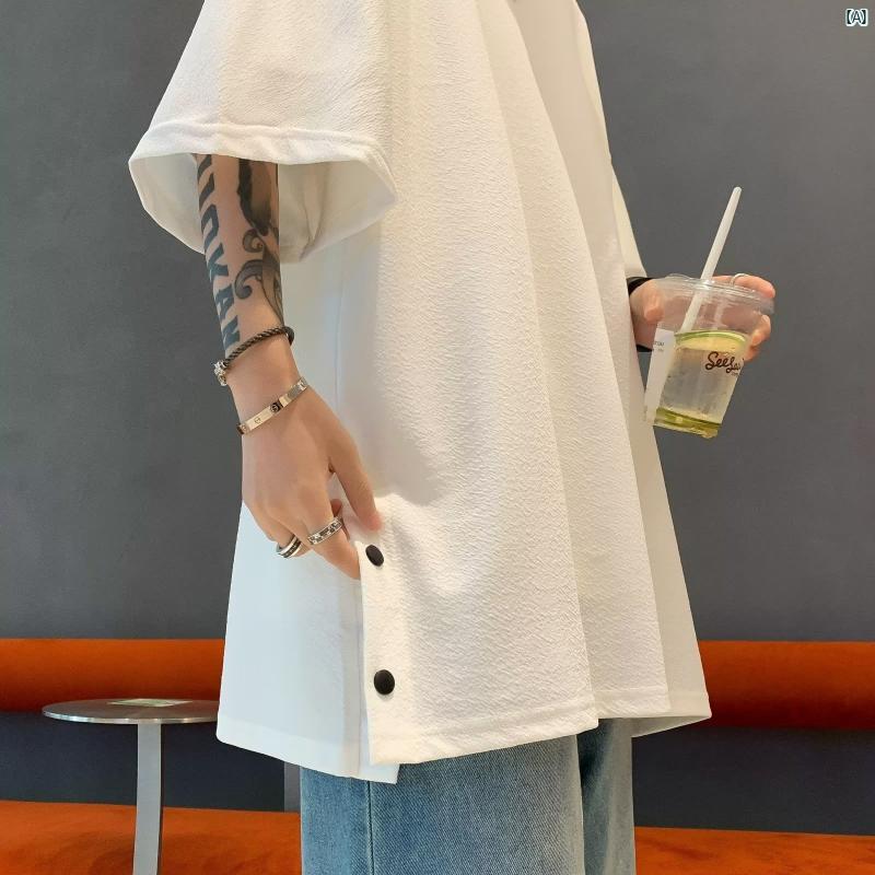 ホワイト 冷感 スリット 半袖 Tシャツ 男性用 夏 薄手 イン クール 高級感 ファッション 七分袖