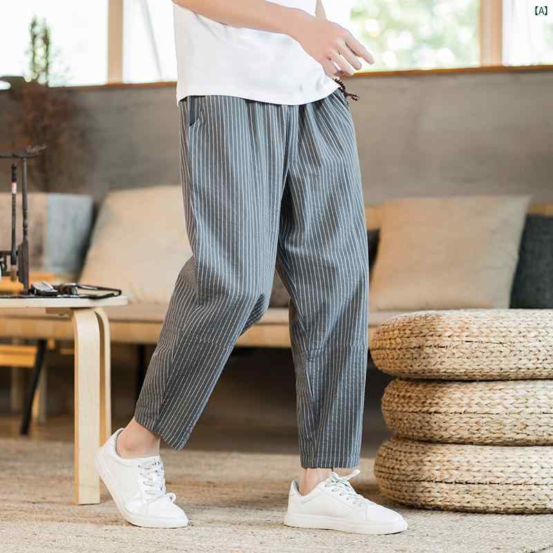 リネン 九分丈 パンツ メンズ 夏 ストライプ ランタン 中国 中華風 大きいサイズ コットン カジュアル キャロット