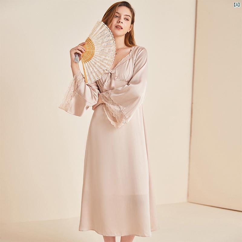 美しい 宮殿 ナイトガウン レース サテン レディース 春夏 薄手 魅惑的 パジャマ ホーム スカート ドレス