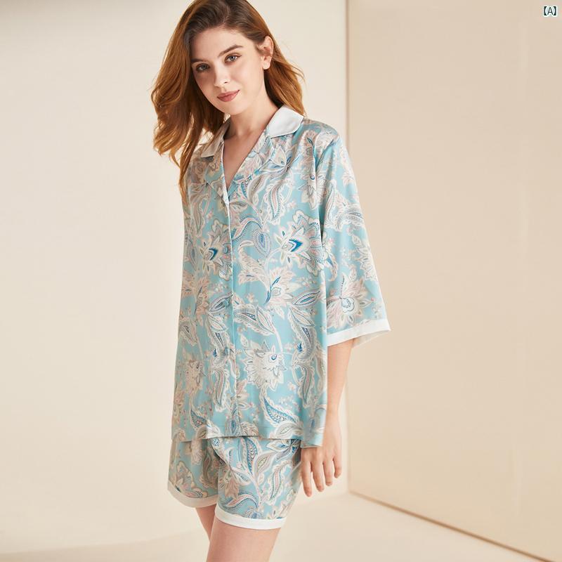 フレッシュ ブルー ハイエンド パジャマ レディース 夏 薄手 半袖 パンツ セット プリント 冷感 サテン ホーム 服