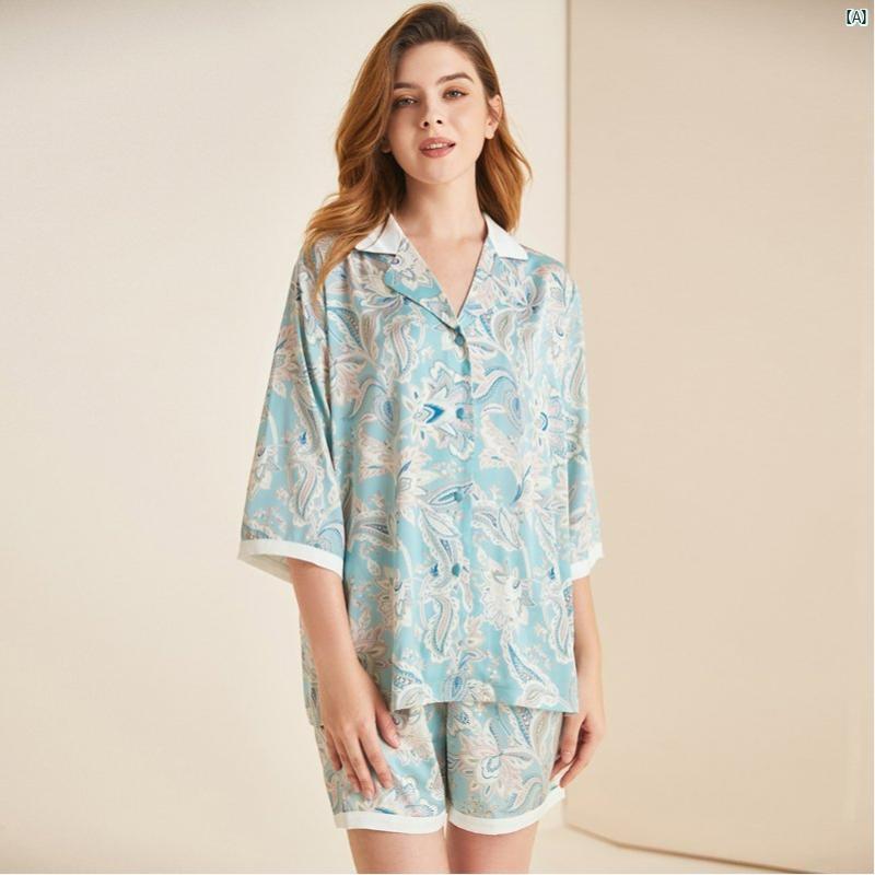 シルキー 通気性 涼しい レディース パジャマ 夏 薄氷 レトロ プリント 半袖 ショーツ ホーム 服 セット