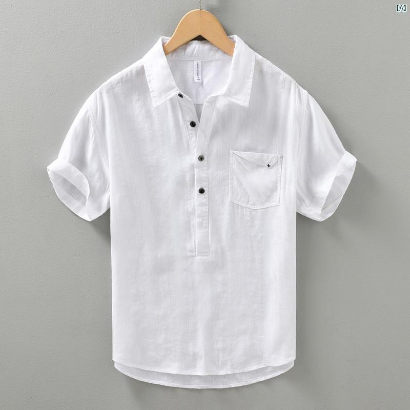 メンズ　ファッション　韓国ファッション　オシャレ　韓国 コットン リネン 半袖 シャツ 襟 Tシャツ メンズ 夏 付き ラミー トップ カジュアル ポロシャツ