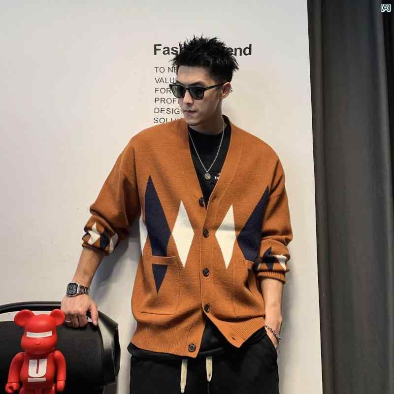 メンズ　ファッション　オシャレ　カジュアル　男性 アメリカン レトロ チェックノー カラー カーディガン セーター ジャケット 男性用 春秋 たり ハイエンド ニット